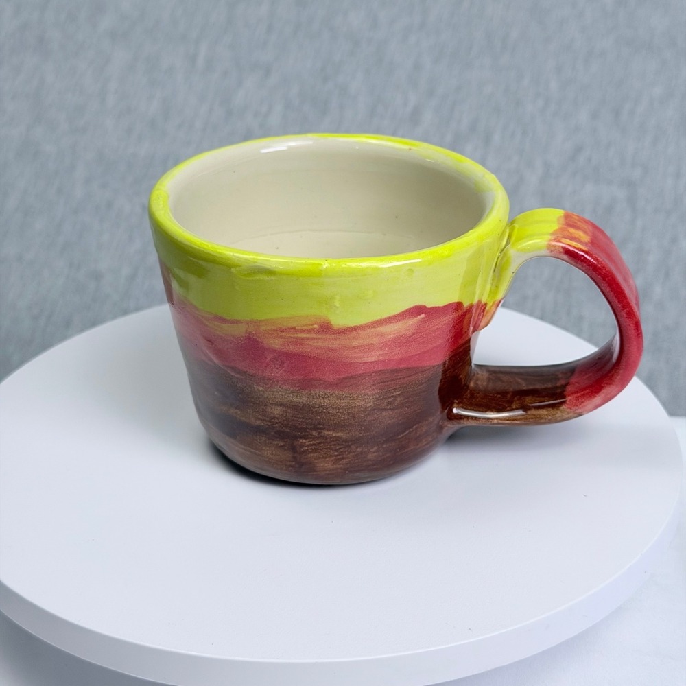 Handcrafted Studio Pottery Mug Hand Painted Neon Yellow Red Brown Abstract Art
